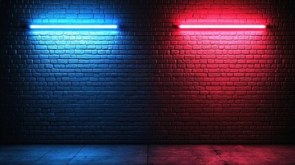 Neon Blue And Red Light Illuminated Brick Wall Background