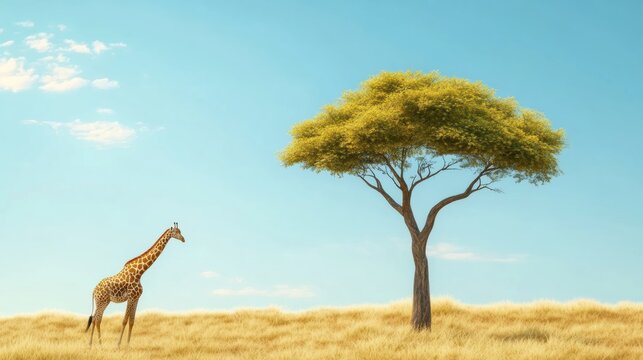 Lone acacia tree stands tall in the African savanna with giraffes grazing in the distance under a clear blue sky. Generative AI - Powered by Adobe