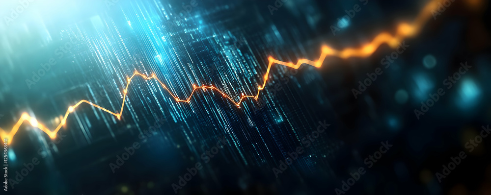Poster abstract representation of fluctuating data trends with glowing lines and digital background