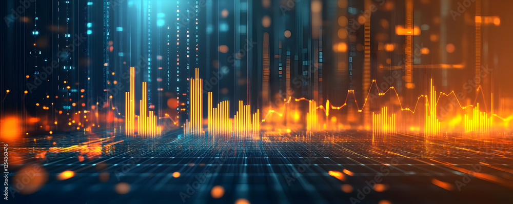 Poster vibrant digital cityscape with glowing data streams and analytics visualizations