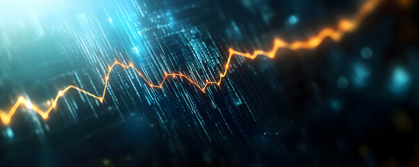 Abstract representation of fluctuating data trends with glowing lines and digital background