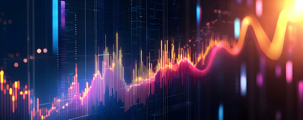 Vibrant financial data visualization with colorful graphs and digital elements