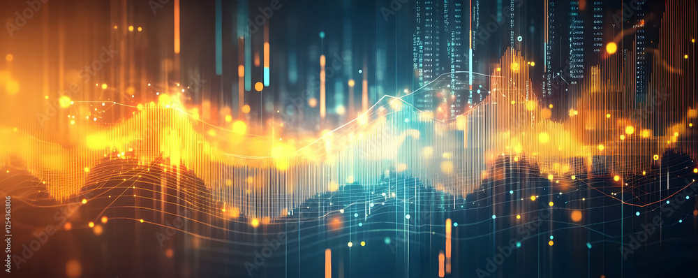 Poster abstract digital visualization of data trends with vibrant colors and light effects