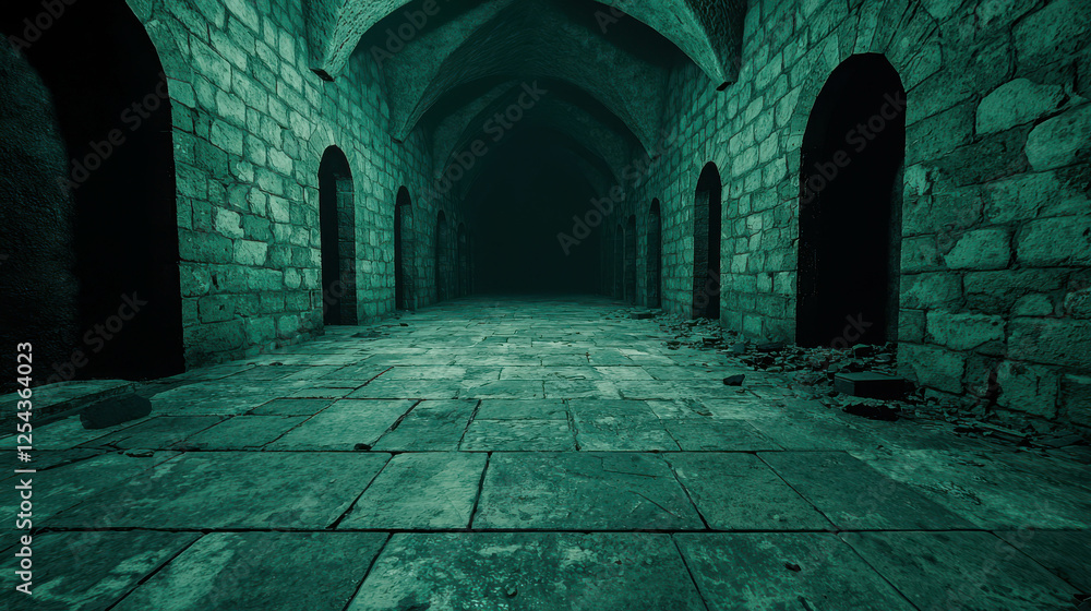 Poster Wide Shot of a Derelict Dungeon Hall with Rows of Empty Archways and Stonewalls