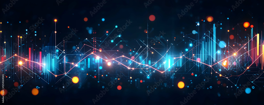 Poster abstract digital visualization of data trends with vibrant colors and shapes