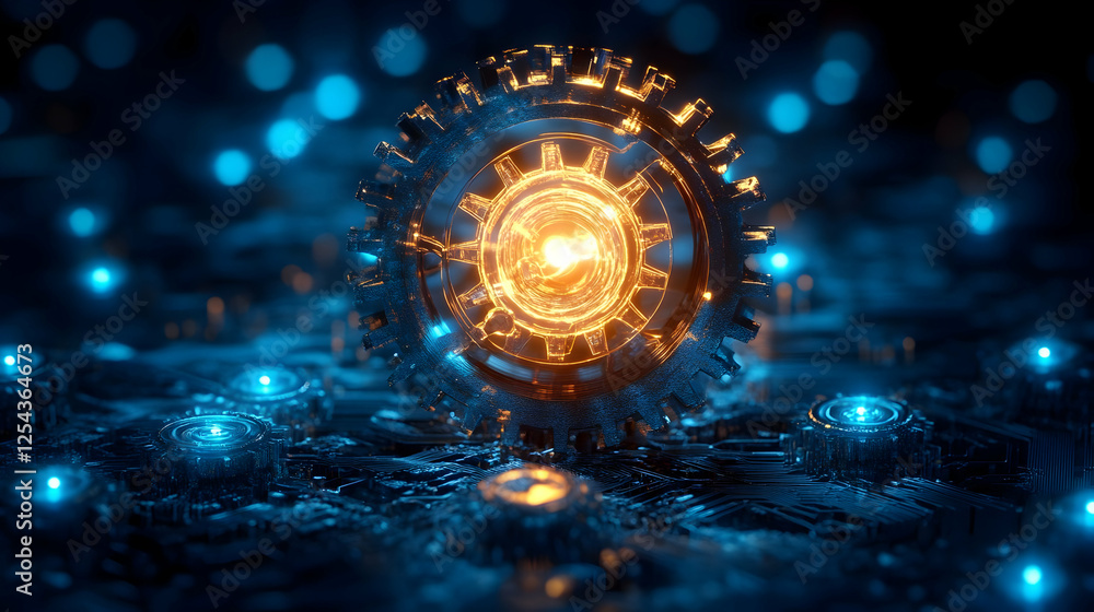 Poster glowing gear mechanism surrounded by circuitry in a futuristic setting