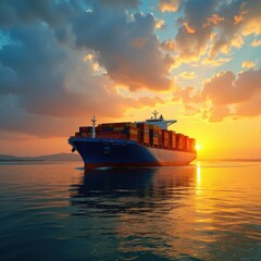 Vast container ship glides through the sea, boasting a vibrant blue hull adorned with a striking red stripe. Mountains of stacked containers create an impressive, geometric skyline against the horizon