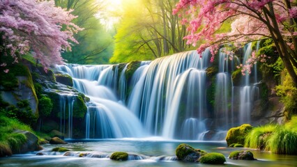 Obraz premium Serene Waterfall in Blossoming Garden