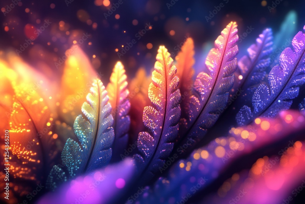 Poster vibrant, colorful leaves illuminated by soft light, creating a magical atmosphere with bokeh effects