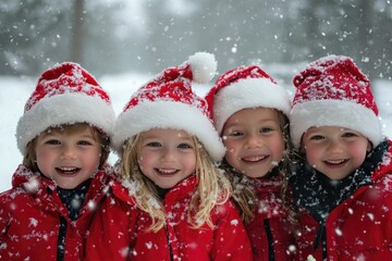 Four children wearing santa hats in snowy weather
