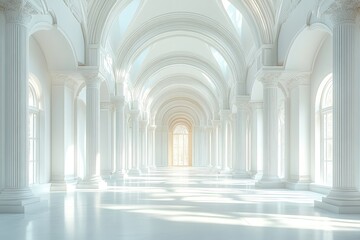 Obraz premium 3D render of a white abstract minimalistic interior with columns and light rays, sharp focus, hyper-realistic details.