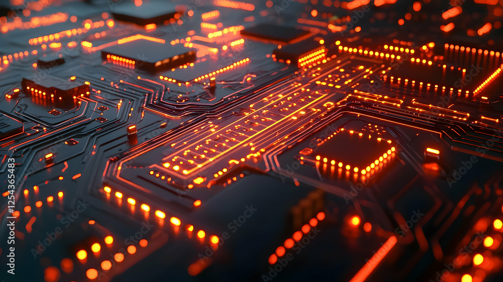 Poster close-up view of a glowing circuit board with intricate details and connections