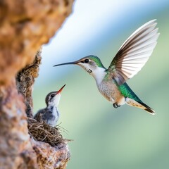 Fototapeta premium Hummingbird Feeding Baby Bird