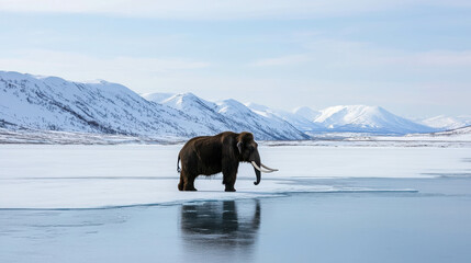 Woolly Mammoth Crossing a Frozen River in a Scenic Winter Landscape
