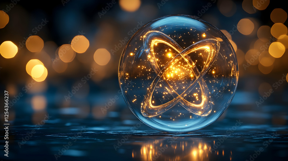 Poster glowing orb with intricate patterns reflecting lights on a wet surface at night