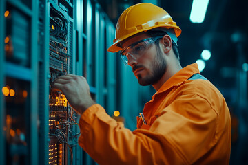 Industrial engineer working with cables connected to a supercomputer in a server room