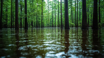 Flooded swamp forest, cypress trees, tranquil scene, nature background, environmental photography