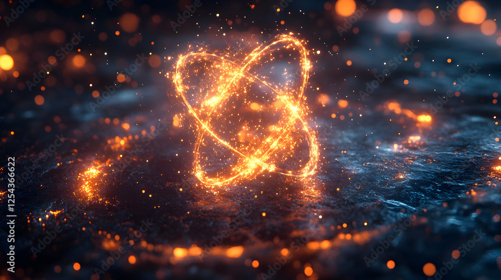 Poster abstract representation of atomic structure with glowing particles in dark space