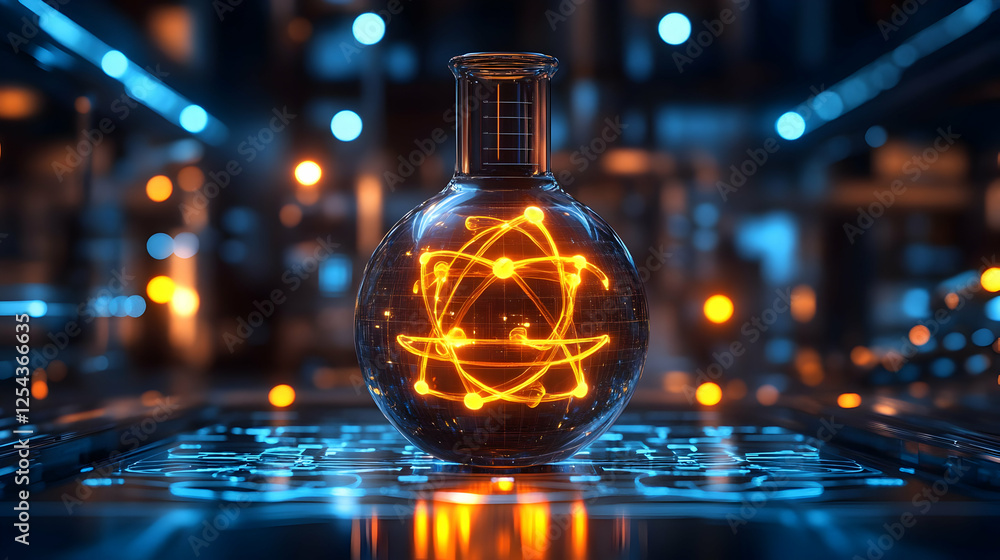 Poster glowing scientific flask with atomic symbols on a futuristic lab table