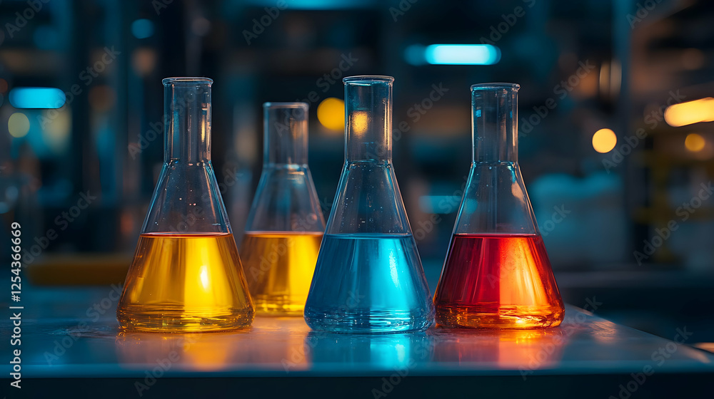 Poster colorful laboratory flasks with liquids on a table in a dimly lit lab setting