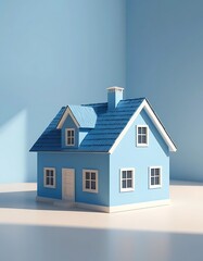 Minimalist Blue House Model on a White Surface against a Blue Background