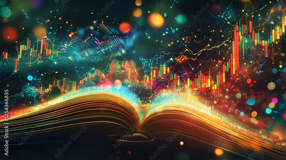 Poster an open book with glowing pages displaying stock market charts and bokeh lights