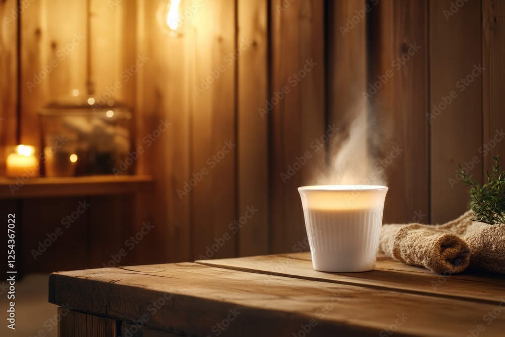 Aufkleber warm coffee cup with steam rises gently on rustic wooden table in cozy atmosphere with soft ambient 