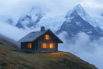 Obraz premium Small cozy house nestled in snowy mountain landscape