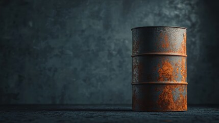 Naklejka premium A weathered, rusted barrel stands on a dark, textured surface, evoking a sense of decay and industrial aesthetics.