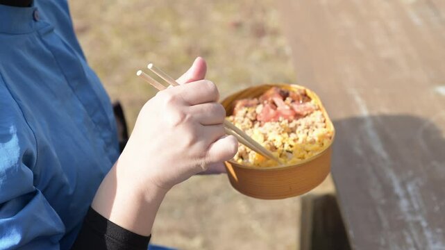 公園でお弁当を食べる女性