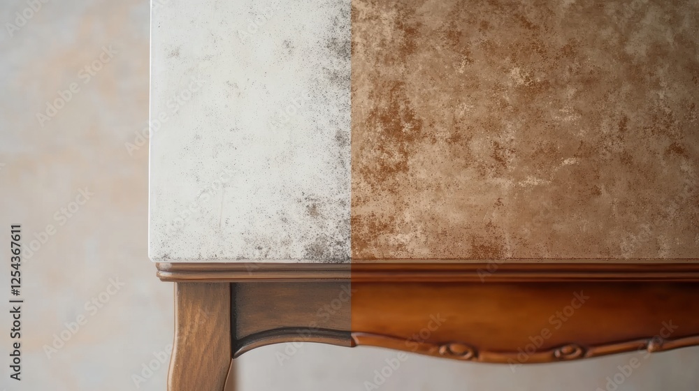 Poster dusty furniture surface compared to clean and shiny furniture reflecting effective cleaning methods.