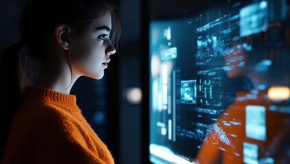 Woman looking at screen with data