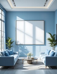 Modern Living Room with Blank Frame in Pastel Blue Tones and Natural Light