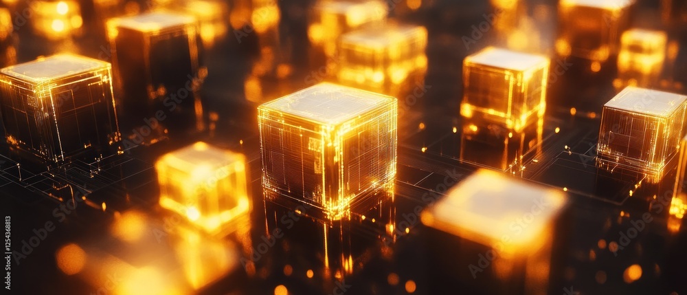 Poster glowing digital cubes illuminated in a dark tech environment