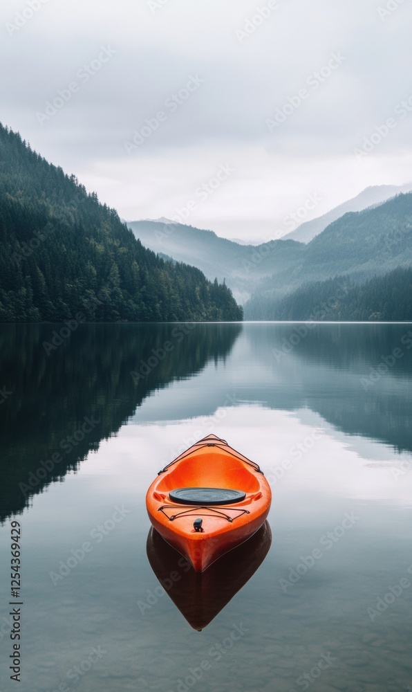 Poster lone orange kayak gliding on the tranquil surface of a mountain lake at dawn surrounded by misty pea