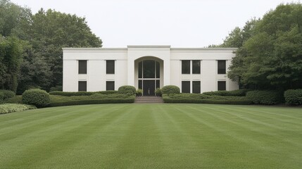Fototapeta premium Modern Minimalist White House with Symmetrical Design Surrounded by Lush Greenery and Manicured Lawn in a Serene Suburban Setting