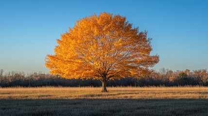 Vibrant autumn tree with golden leaves standing alone in a serene field against a clear blue sky