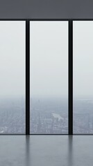 Stunning Cityscape View Through Large Floor-to-Ceiling Windows on a Foggy Day in a Modern High-Rise Building