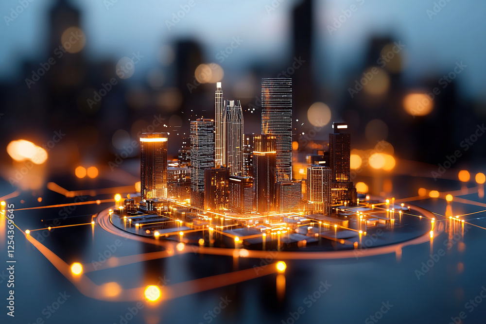 Aufkleber futuristic cityscape with glowing skyscrapers and interconnected pathways, representing digital netw