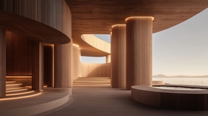 Modern architectural interior with wooden columns and soft lighting overlooking a serene landscape
