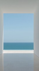 Minimalist Architectural Design with Ocean View Through Large Open Window in Modern White Interior