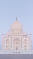 Obraz premium Majestic View of the Taj Mahal at Dawn with Soft Pastel Sky and Serene Atmosphere Highlighting Iconic Mughal Architecture in Agra, India