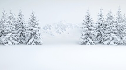 Obraz premium Snowy winter landscape with fir trees and mountains. Ideal for winter themes, backgrounds, or greetings