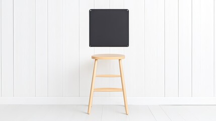 Minimalist wooden stool with a blank chalkboard against a white wooden wall in a bright room