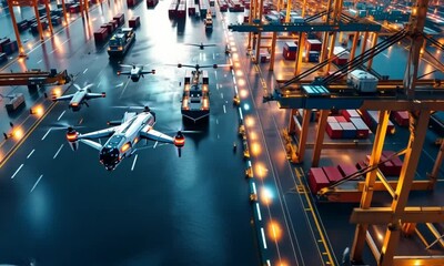 Drones deliver cargo at night. Busy port, containers, ships. Logistics, future tech - Powered by Adobe