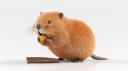 A cute beaver holding a piece of food by a wooden log on a clean, white background