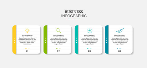 Infographic business model with 4 successive steps. Colorful graphic elements. Timeline design for brochure, presentation. Infographic design layout