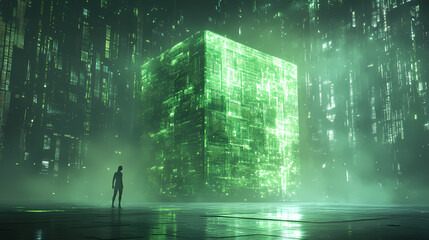 Naklejka premium Lonely Figure Before a Glowing Cube in Green Mist