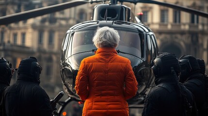 Fototapeta premium Woman in Orange Jacket Awaits Helicopter Arrival