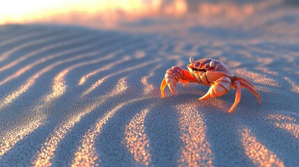 A vibrant crab navigating the sandy shore during sunset, with gentle waves in the background